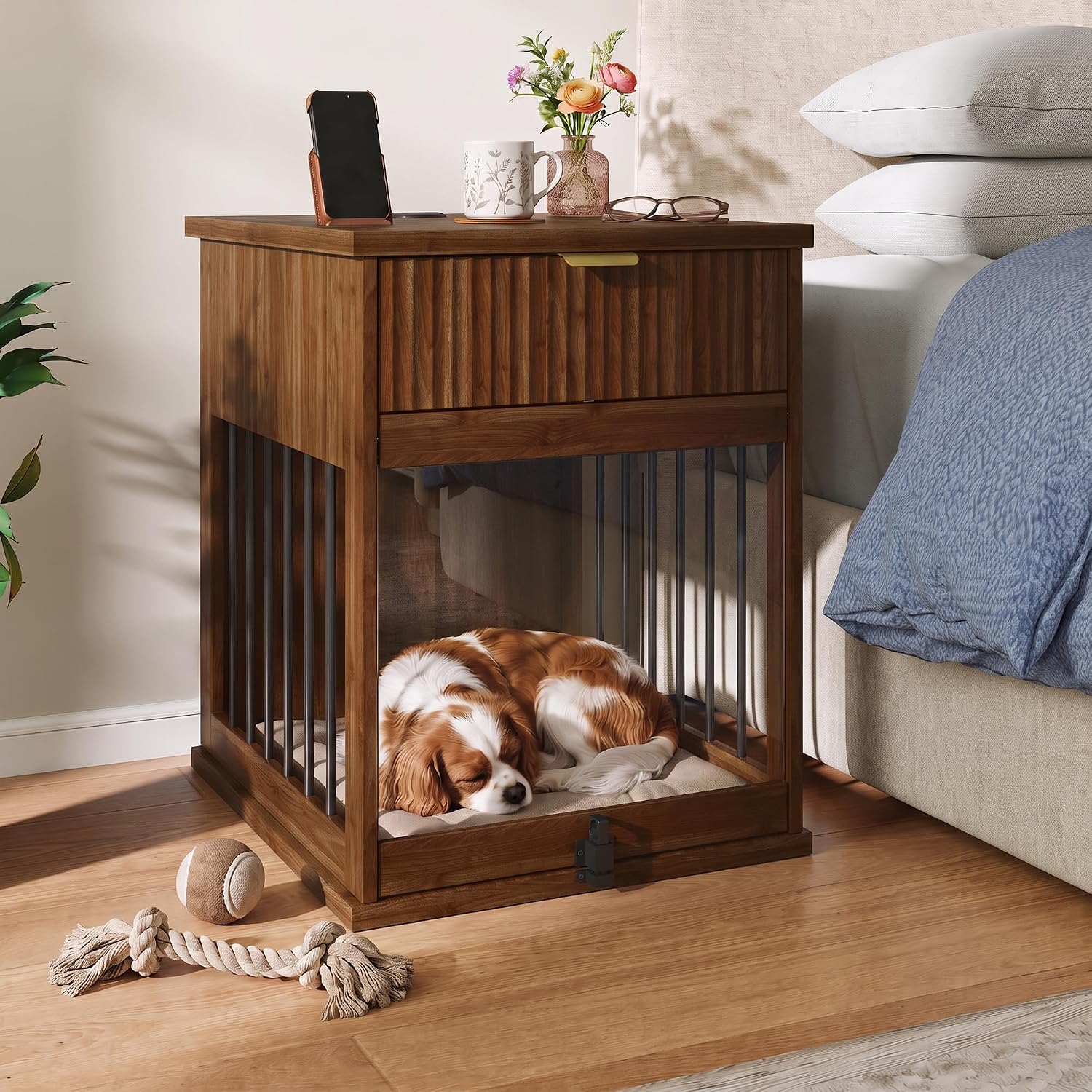 Megidok furniture crate with pull-out tray beside sofa
