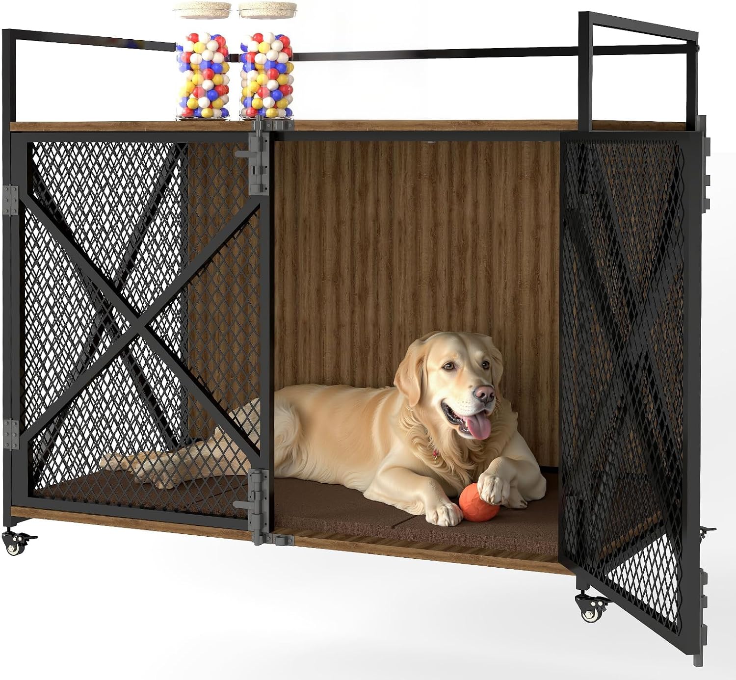 Magazoopet 41 inch rustic furniture dog crate with wheels