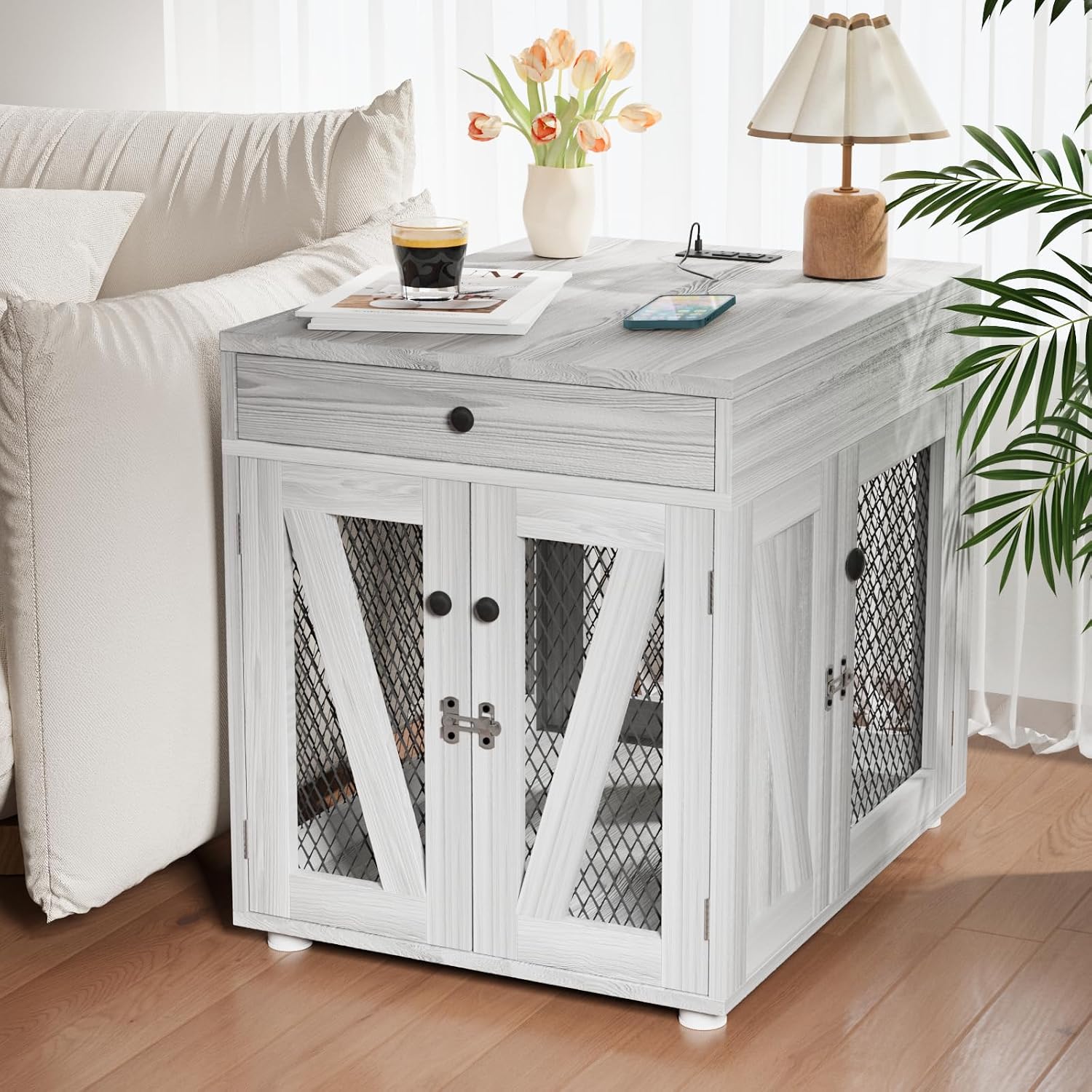 VOWNER gray pine furniture dog crate with USB charging and drawer