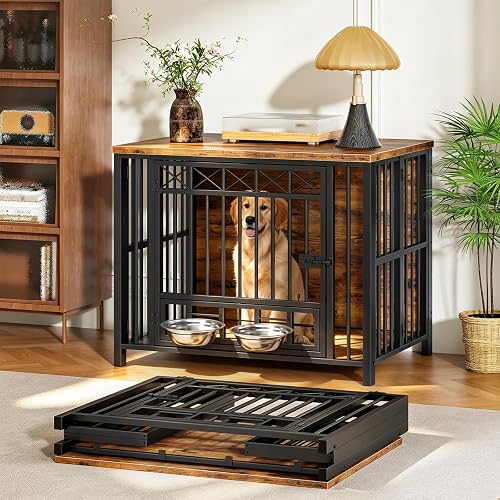 HOOBRO foldable white and walnut furniture dog crate as living-room end table